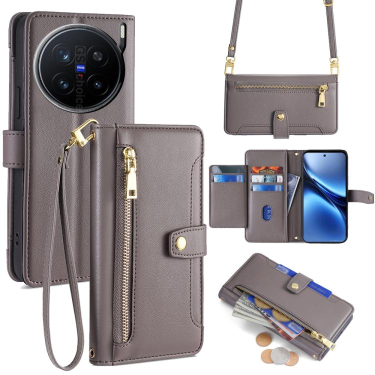 Custodia per telefono in pelle con portafoglio con cerniera a tracolla Lite Sheep Texture, For vivo iQOO Neo 10 5G Global, For vivo X200s 5G, For vivo V50 5G, For vivo X200 Pro 5G