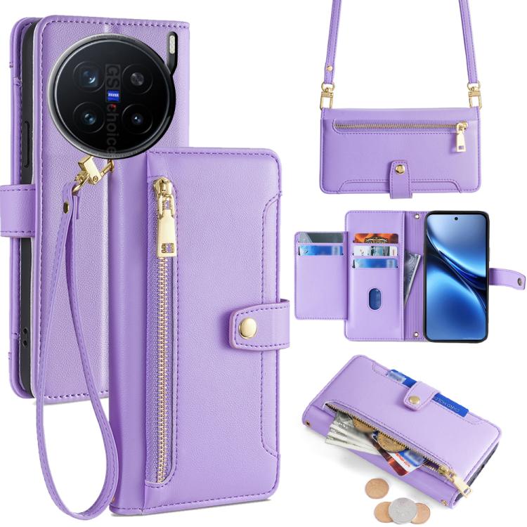 Custodia per telefono in pelle con portafoglio con cerniera a tracolla Lite Sheep Texture, For vivo iQOO Neo 10 5G Global, For vivo X200s 5G, For vivo V50 5G, For vivo X200 Pro 5G