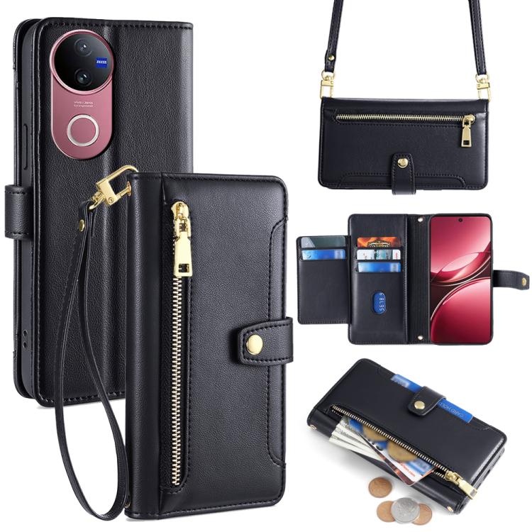 Custodia per telefono in pelle con portafoglio con cerniera a tracolla Lite Sheep Texture, For vivo iQOO Neo 10 5G Global, For vivo X200s 5G, For vivo V50 5G, For vivo X200 Pro 5G