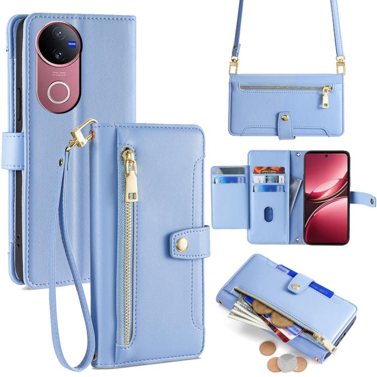 Custodia per telefono in pelle con portafoglio con cerniera a tracolla Lite Sheep Texture, For vivo iQOO Neo 10 5G Global, For vivo X200s 5G, For vivo V50 5G, For vivo X200 Pro 5G