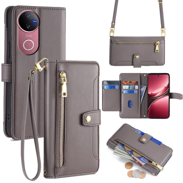 Custodia per telefono in pelle con portafoglio con cerniera a tracolla Lite Sheep Texture, For vivo iQOO Neo 10 5G Global, For vivo X200s 5G, For vivo V50 5G, For vivo X200 Pro 5G