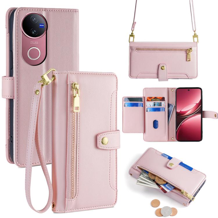 Custodia per telefono in pelle con portafoglio con cerniera a tracolla Lite Sheep Texture, For vivo iQOO Neo 10 5G Global, For vivo X200s 5G, For vivo V50 5G, For vivo X200 Pro 5G