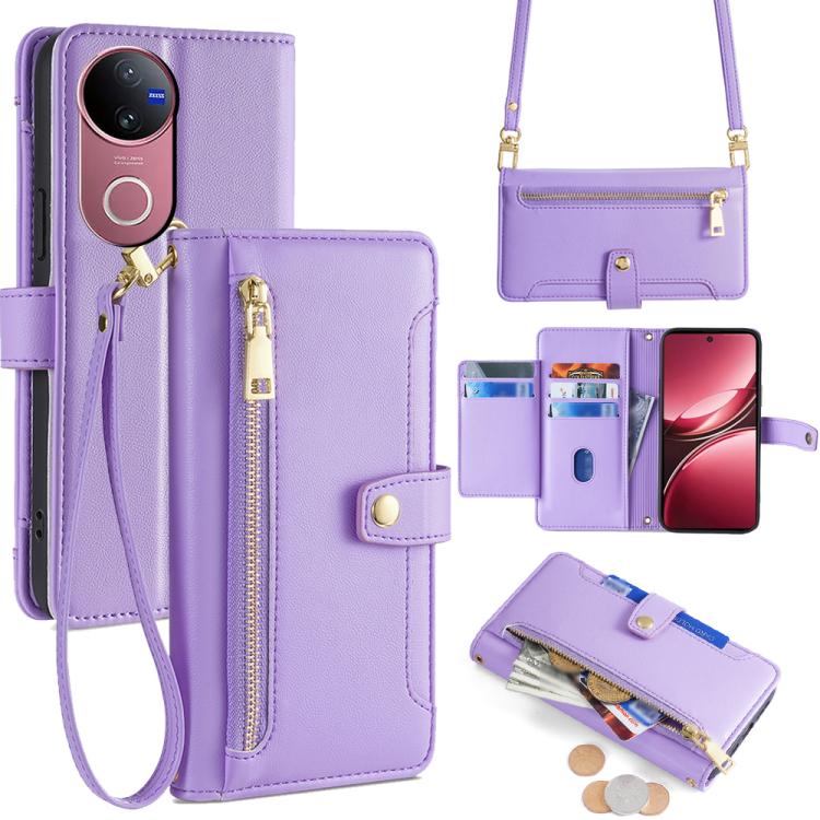 Custodia per telefono in pelle con portafoglio con cerniera a tracolla Lite Sheep Texture, For vivo iQOO Neo 10 5G Global, For vivo X200s 5G, For vivo V50 5G, For vivo X200 Pro 5G