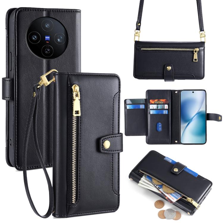 Custodia per telefono in pelle con portafoglio con cerniera a tracolla Lite Sheep Texture, For vivo iQOO Neo 10 5G Global, For vivo X200s 5G, For vivo V50 5G, For vivo X200 Pro 5G
