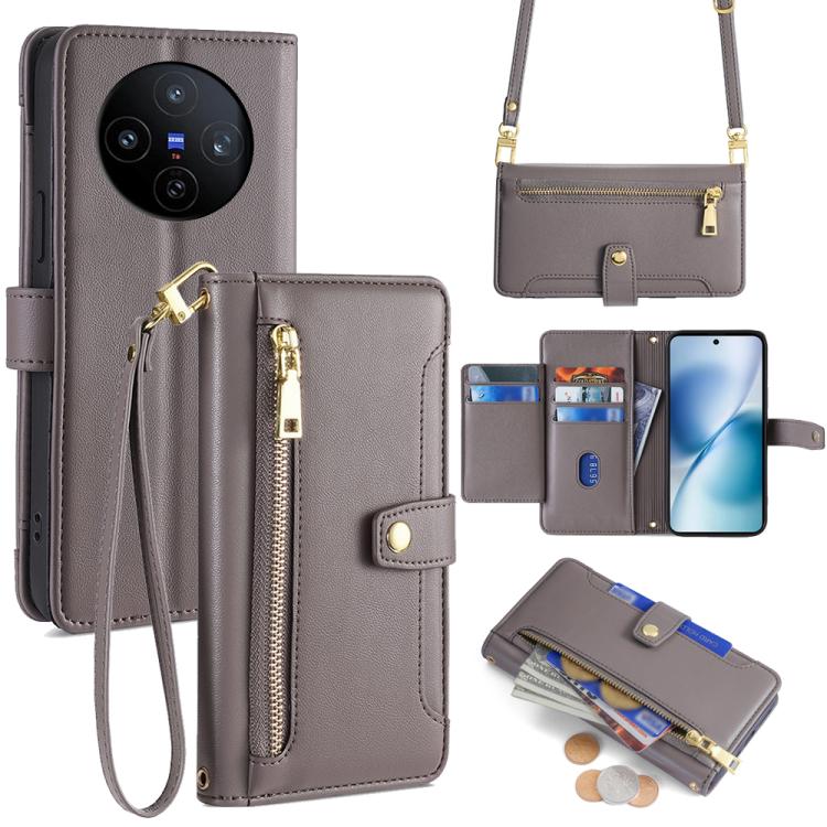 Custodia per telefono in pelle con portafoglio con cerniera a tracolla Lite Sheep Texture, For vivo iQOO Neo 10 5G Global, For vivo X200s 5G, For vivo V50 5G, For vivo X200 Pro 5G