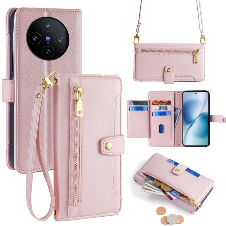 Custodia per telefono in pelle con portafoglio con cerniera a tracolla Lite Sheep Texture, For vivo iQOO Neo 10 5G Global, For vivo X200s 5G, For vivo V50 5G, For vivo X200 Pro 5G