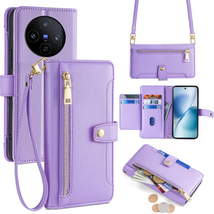 Custodia per telefono in pelle con portafoglio con cerniera a tracolla Lite Sheep Texture, For vivo iQOO Neo 10 5G Global, For vivo X200s 5G, For vivo V50 5G, For vivo X200 Pro 5G