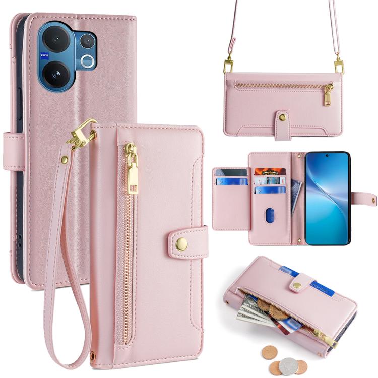 Custodia per telefono in pelle con portafoglio con cerniera a tracolla Lite Sheep Texture, For vivo X300 5G, For vivo Y31 5G 2025, For vivo V60 Lite 5G Global, For vivo V60 5G Global