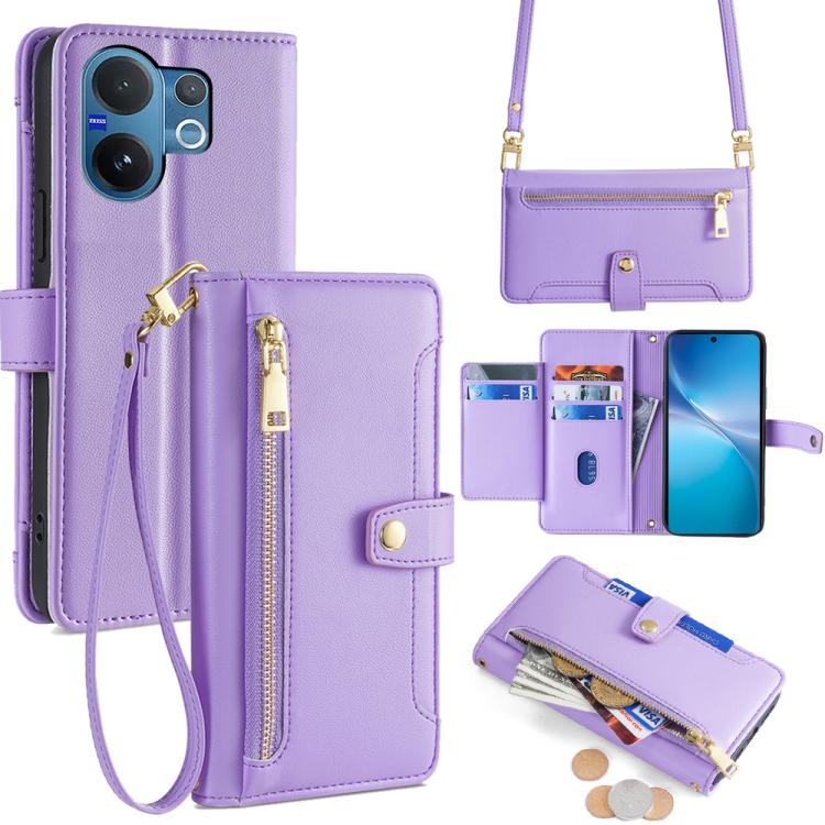 Custodia per telefono in pelle con portafoglio con cerniera a tracolla Lite Sheep Texture, For vivo X300 5G, For vivo Y31 5G 2025, For vivo V60 Lite 5G Global, For vivo V60 5G Global