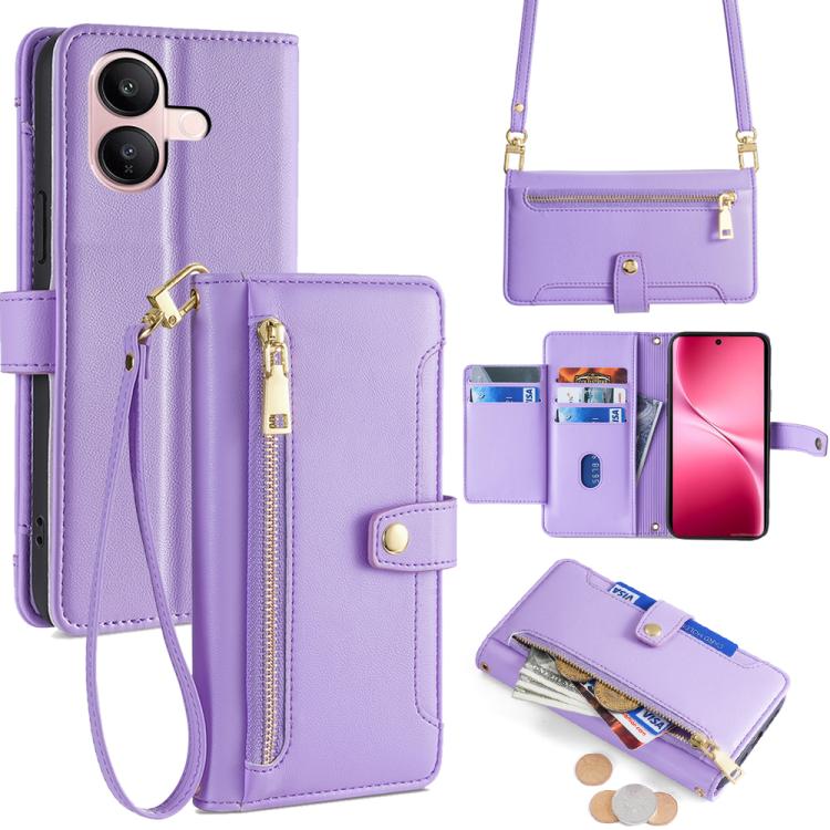 Custodia per telefono in pelle con portafoglio con cerniera a tracolla Lite Sheep Texture, For vivo X300 5G, For vivo Y31 5G 2025, For vivo V60 Lite 5G Global, For vivo V60 5G Global
