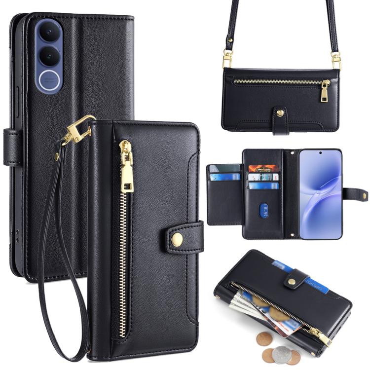 Custodia per telefono in pelle con portafoglio con cerniera a tracolla Lite Sheep Texture, For vivo X300s 5G, For vivo V70 FE 5G, For vivo Y05 4G, For vivo Y500i 5G
