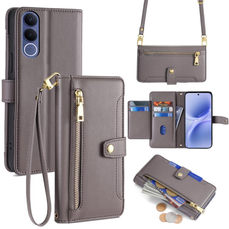 Custodia per telefono in pelle con portafoglio con cerniera a tracolla Lite Sheep Texture, For vivo X300s 5G, For vivo V70 FE 5G, For vivo Y05 4G, For vivo Y500i 5G