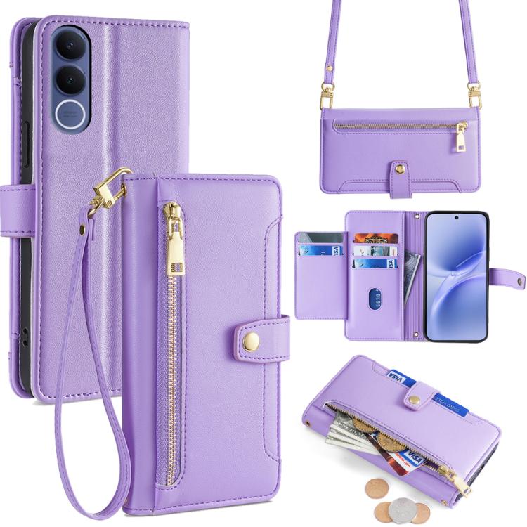 Custodia per telefono in pelle con portafoglio con cerniera a tracolla Lite Sheep Texture, For vivo X300s 5G, For vivo V70 FE 5G, For vivo Y05 4G, For vivo Y500i 5G
