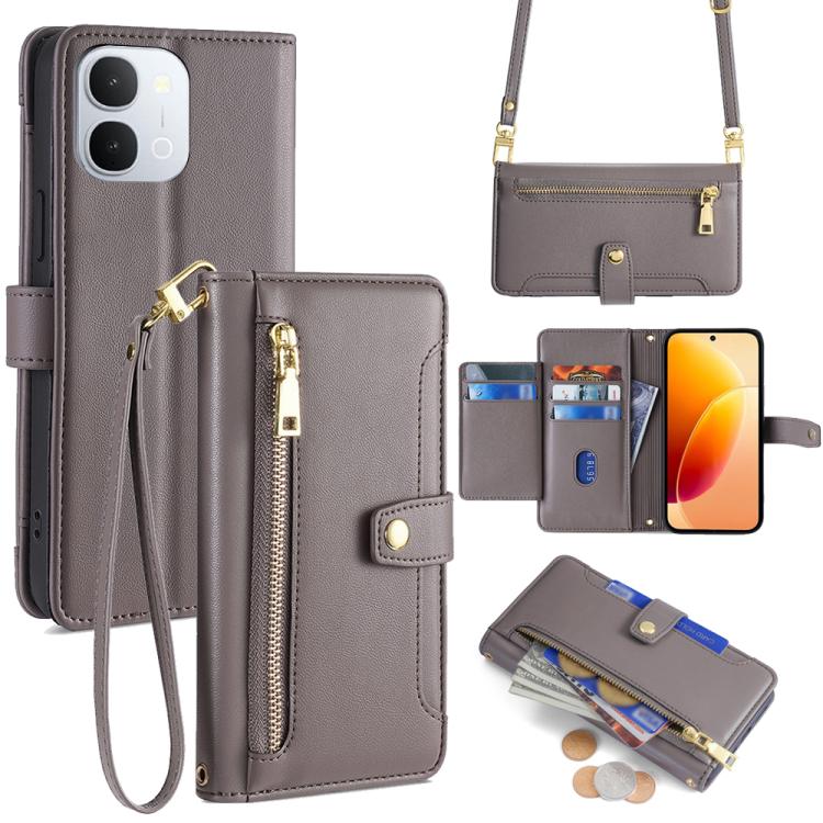 Custodia per telefono in pelle con portafoglio con cerniera a tracolla Lite Sheep Texture, For vivo X300s 5G, For vivo V70 FE 5G, For vivo Y05 4G, For vivo Y500i 5G