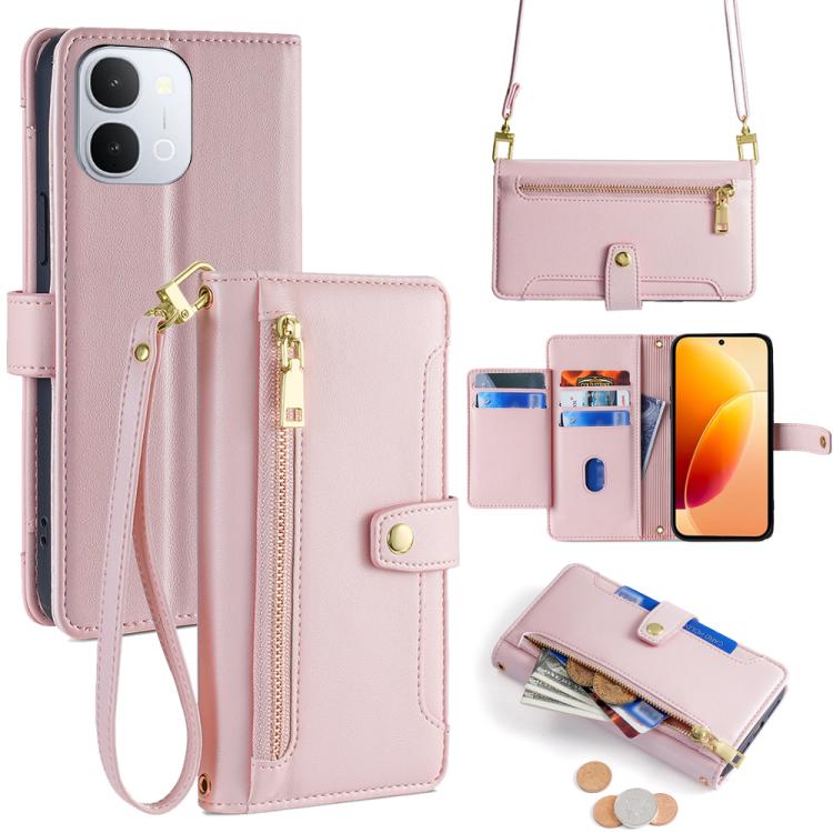 Custodia per telefono in pelle con portafoglio con cerniera a tracolla Lite Sheep Texture, For vivo X300s 5G, For vivo V70 FE 5G, For vivo Y05 4G, For vivo Y500i 5G