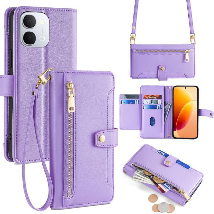 Custodia per telefono in pelle con portafoglio con cerniera a tracolla Lite Sheep Texture, For vivo X300s 5G, For vivo V70 FE 5G, For vivo Y05 4G, For vivo Y500i 5G