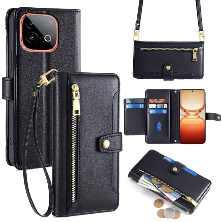Custodia per telefono in pelle con portafoglio con cerniera a tracolla Lite Sheep Texture, For vivo iQOO Neo 10 5G Global, For vivo X200s 5G, For vivo V50 5G, For vivo X200 Pro 5G