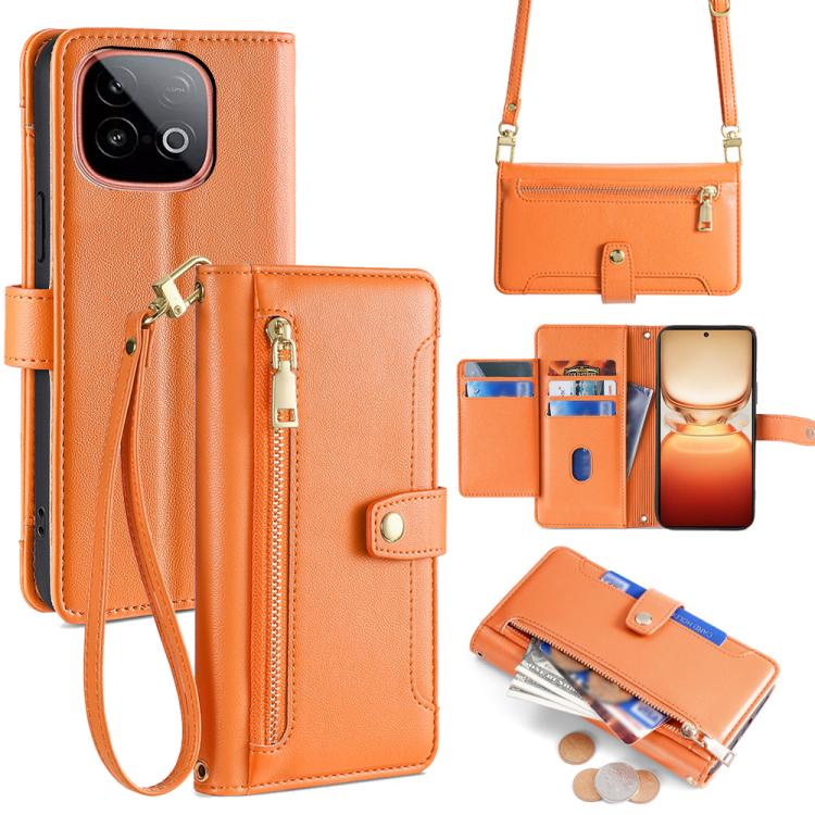 Custodia per telefono in pelle con portafoglio con cerniera a tracolla Lite Sheep Texture, For vivo iQOO Neo 10 5G Global, For vivo X200s 5G, For vivo V50 5G, For vivo X200 Pro 5G