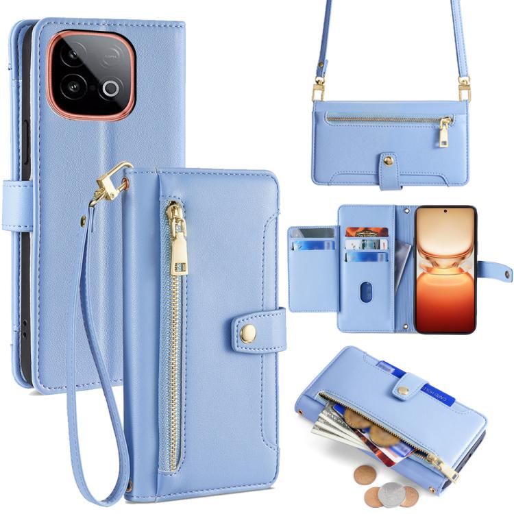Custodia per telefono in pelle con portafoglio con cerniera a tracolla Lite Sheep Texture, For vivo iQOO Neo 10 5G Global, For vivo X200s 5G, For vivo V50 5G, For vivo X200 Pro 5G