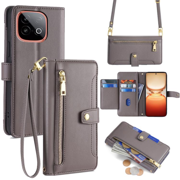 Custodia per telefono in pelle con portafoglio con cerniera a tracolla Lite Sheep Texture, For vivo iQOO Neo 10 5G Global, For vivo X200s 5G, For vivo V50 5G, For vivo X200 Pro 5G