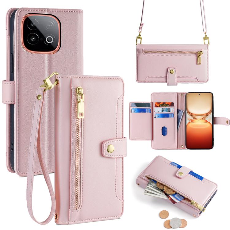 Custodia per telefono in pelle con portafoglio con cerniera a tracolla Lite Sheep Texture, For vivo iQOO Neo 10 5G Global, For vivo X200s 5G, For vivo V50 5G, For vivo X200 Pro 5G