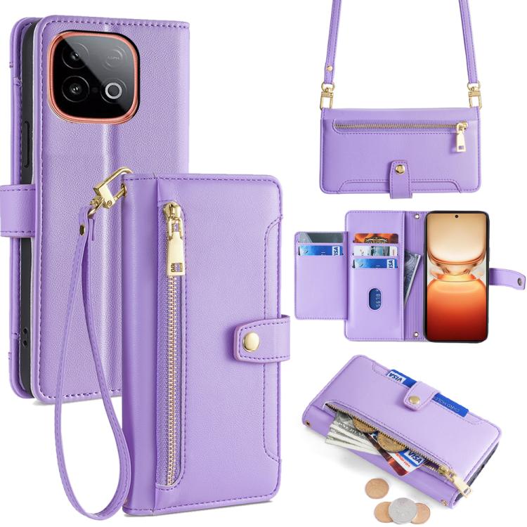 Custodia per telefono in pelle con portafoglio con cerniera a tracolla Lite Sheep Texture, For vivo iQOO Neo 10 5G Global, For vivo X200s 5G, For vivo V50 5G, For vivo X200 Pro 5G