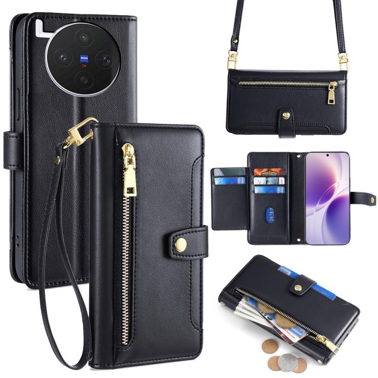 Custodia per telefono in pelle con portafoglio con cerniera a tracolla Lite Sheep Texture, For vivo X300s 5G, For vivo V70 FE 5G, For vivo Y05 4G, For vivo Y500i 5G