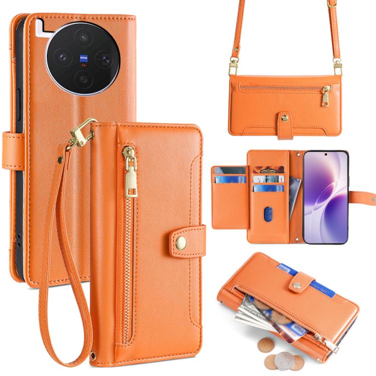 Custodia per telefono in pelle con portafoglio con cerniera a tracolla Lite Sheep Texture, For vivo X300s 5G, For vivo V70 FE 5G, For vivo Y05 4G, For vivo Y500i 5G