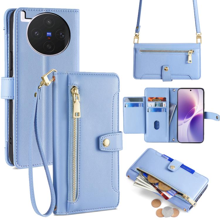Custodia per telefono in pelle con portafoglio con cerniera a tracolla Lite Sheep Texture, For vivo X300s 5G, For vivo V70 FE 5G, For vivo Y05 4G, For vivo Y500i 5G