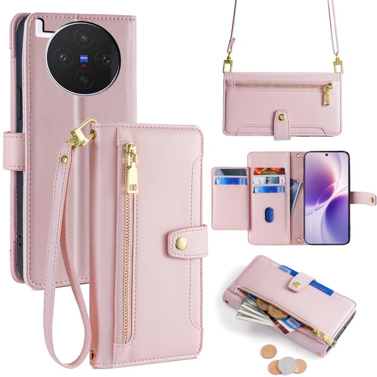 Custodia per telefono in pelle con portafoglio con cerniera a tracolla Lite Sheep Texture, For vivo X300s 5G, For vivo V70 FE 5G, For vivo Y05 4G, For vivo Y500i 5G