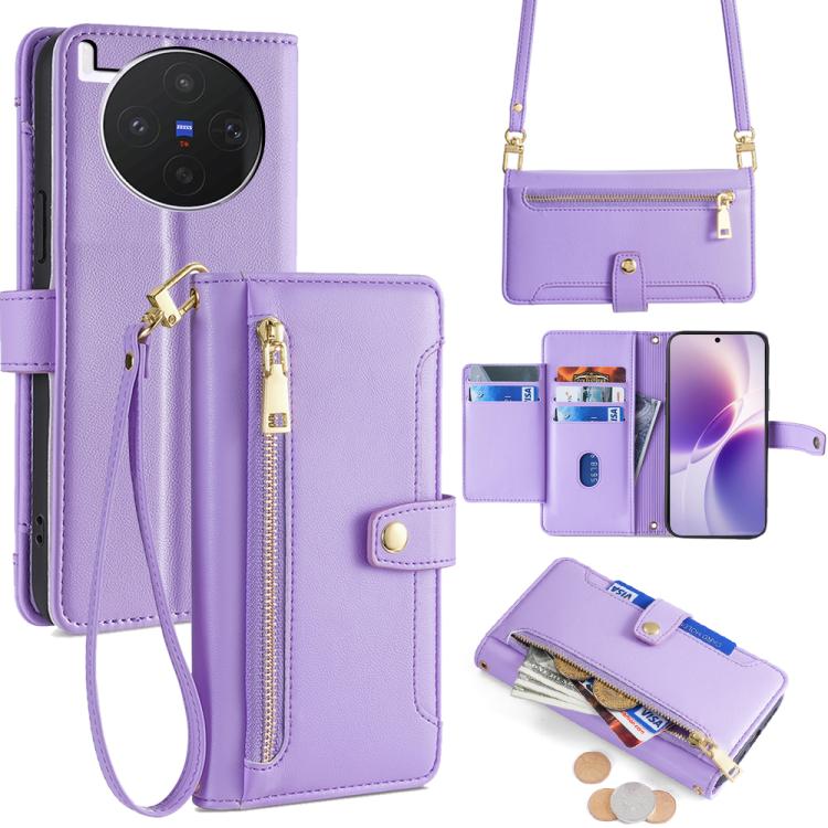 Custodia per telefono in pelle con portafoglio con cerniera a tracolla Lite Sheep Texture, For vivo X300s 5G, For vivo V70 FE 5G, For vivo Y05 4G, For vivo Y500i 5G