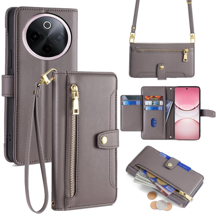 Custodia per telefono in pelle con portafoglio con cerniera a tracolla Lite Sheep Texture, For vivo Y300 Pro 5G, For vivo S19 Pro, For vivo S19, For vivo Y28 4G