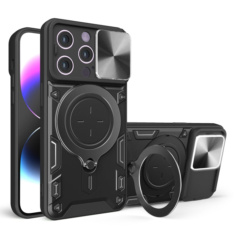 Custodia per telefono con supporto magnetico per camshield scorrevole con texture CD, For iPhone 14, For iPhone 14 Pro, For iPhone 14 Pro Max, For iPhone 13 Pro Max