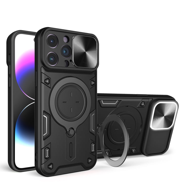 Custodia per telefono con supporto magnetico per camshield scorrevole con texture CD, For iPhone 14, For iPhone 14 Pro, For iPhone 14 Pro Max, For iPhone 13 Pro Max