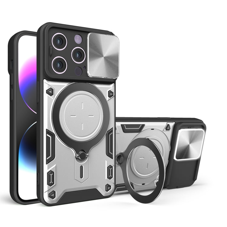 Custodia per telefono con supporto magnetico per camshield scorrevole con texture CD, For iPhone 16 Pro, For iPhone 16 Plus, For iPhone 16, For iPhone 15 Pro Max