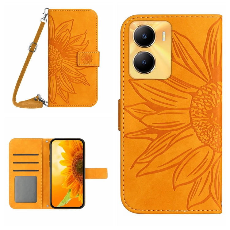 Skin Feel Custodia per telefono in pelle con flip in rilievo Sun Flower con cordino, For vivo Y56 5G Global, For vivo Y02S Global / Y16 4G Global