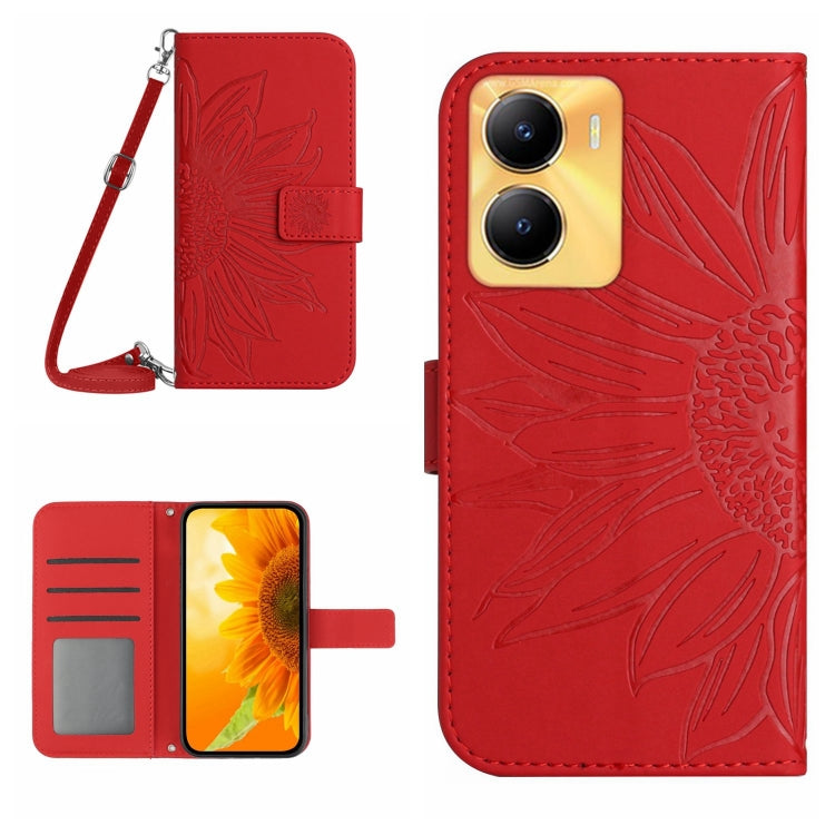 Skin Feel Custodia per telefono in pelle con flip in rilievo Sun Flower con cordino, For vivo Y56 5G Global, For vivo Y02S Global / Y16 4G Global