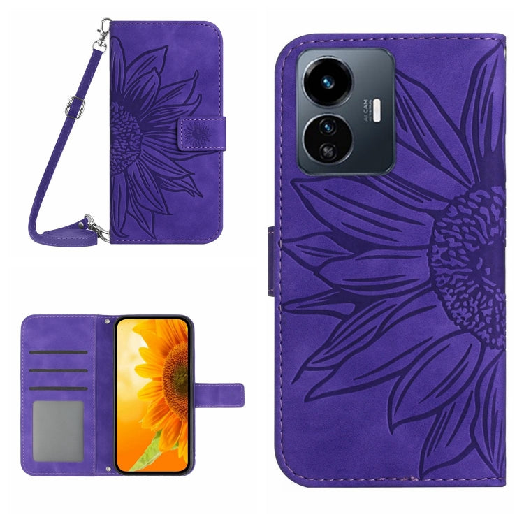 Skin Feel Custodia per telefono in pelle con flip in rilievo Sun Flower con cordino, For vivo Y77E 5G, For vivo Y77 5G Global / Y22S 4G Global