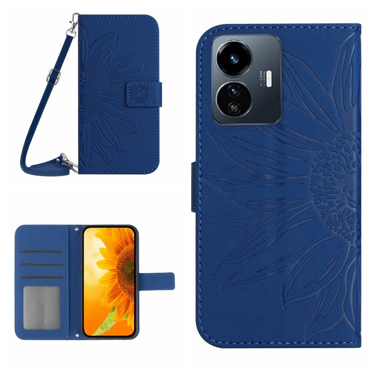Skin Feel Custodia per telefono in pelle con flip in rilievo Sun Flower con cordino, For vivo Y77E 5G, For vivo Y77 5G Global / Y22S 4G Global