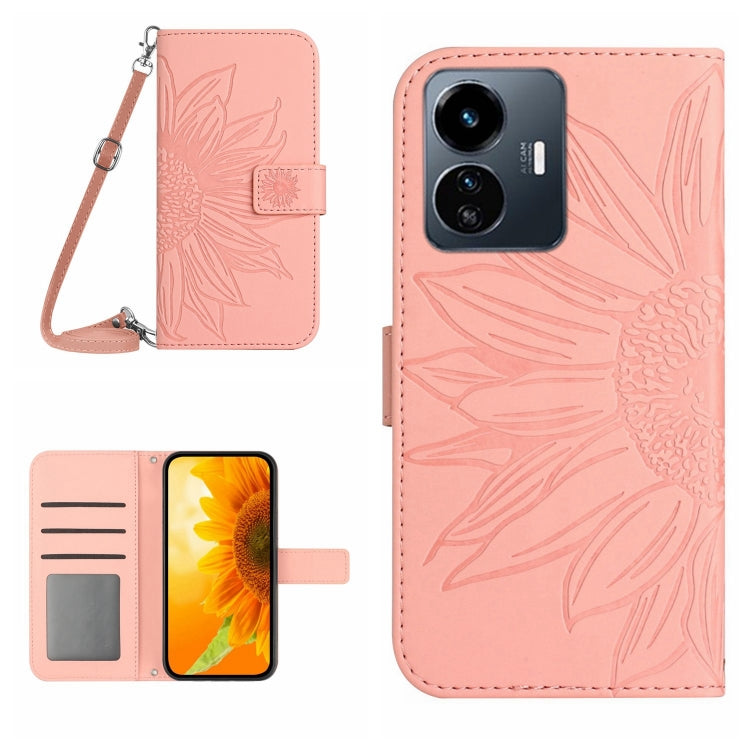 Skin Feel Custodia per telefono in pelle con flip in rilievo Sun Flower con cordino, For vivo Y77E 5G, For vivo Y77 5G Global / Y22S 4G Global