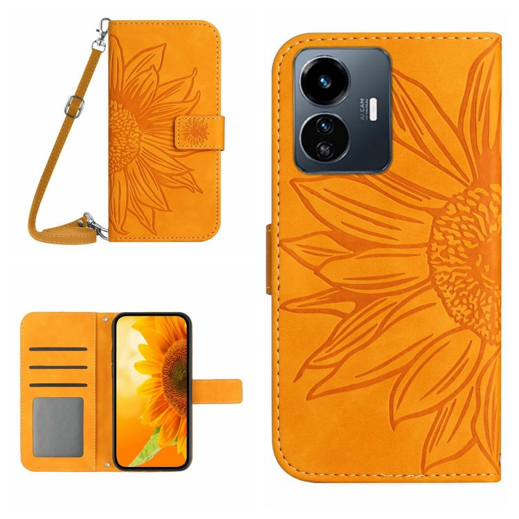 Skin Feel Custodia per telefono in pelle con flip in rilievo Sun Flower con cordino, For vivo Y77E 5G, For vivo Y77 5G Global / Y22S 4G Global