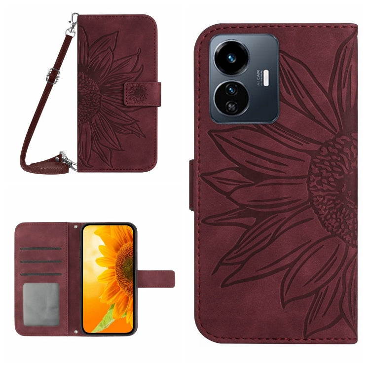 Skin Feel Custodia per telefono in pelle con flip in rilievo Sun Flower con cordino, For vivo Y77E 5G, For vivo Y77 5G Global / Y22S 4G Global