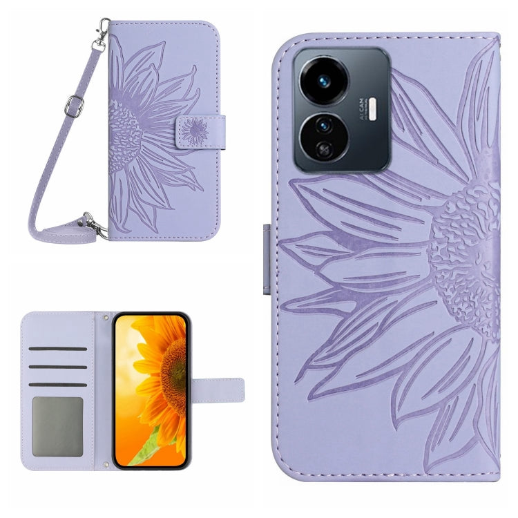 Skin Feel Custodia per telefono in pelle con flip in rilievo Sun Flower con cordino, For vivo Y77E 5G, For vivo Y77 5G Global / Y22S 4G Global