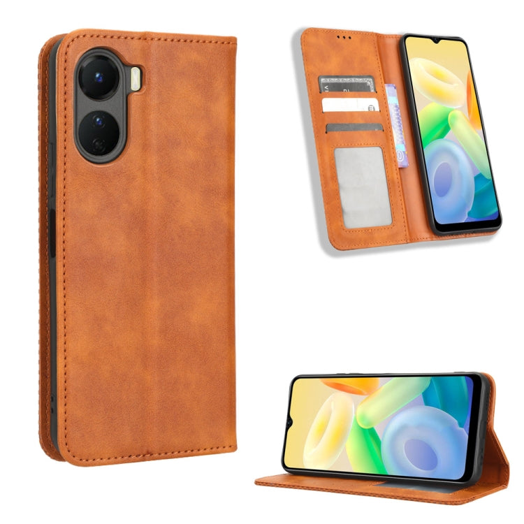 Custodia per telefono in pelle con trama retrò con fibbia magnetica, For vivo Y78 Plus, For vivo Y16 / iQOO Z7i, For vivo Y100 5G, For vivo Y33T / Y33s / Y21 / Y21s, For vivo Y33T 2023 V2317A