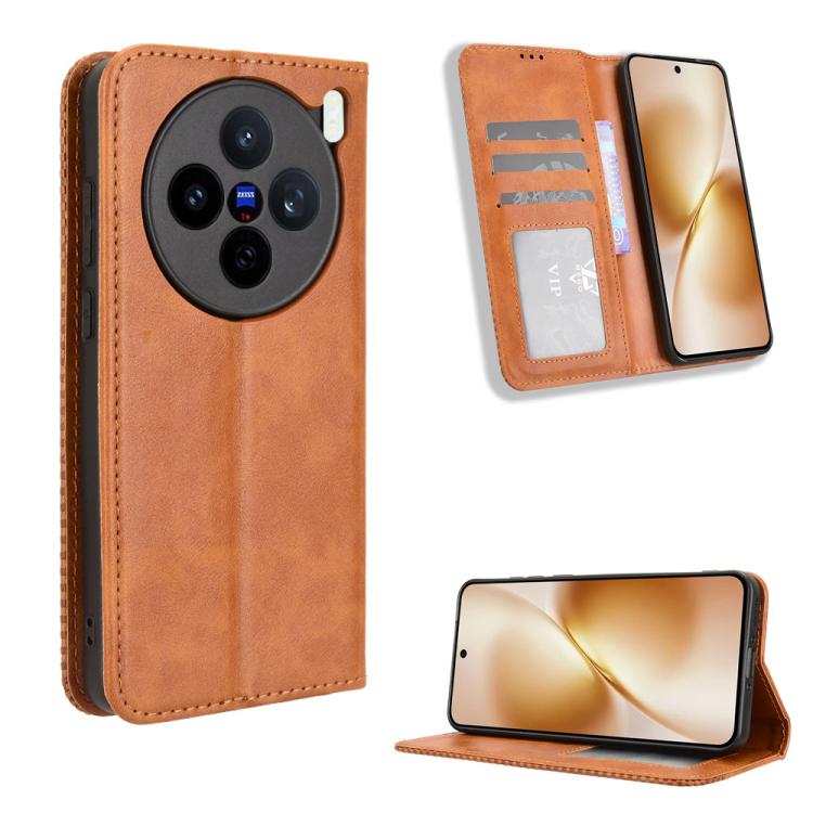 Custodia per telefono in pelle con trama retrò con fibbia magnetica, For vivo X200s 5G, For vivo T4 5G / iQOO Z10 5G Global, For vivo X200 Ultra 5G, For vivo V50 Lite 5G / 4G, For vivo Y39 5G / Y300i, For vivo Y29 4G / T4x 5G