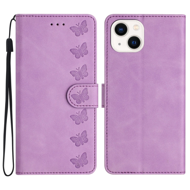 Custodia per telefono in pelle goffrata con sette farfalle, For iPhone 15, For iPhone 14 Plus, For iPhone 14, For iPhone 14 Pro