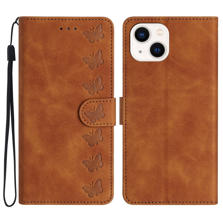 Custodia per telefono in pelle goffrata con sette farfalle, For iPhone 15, For iPhone 14 Plus, For iPhone 14, For iPhone 14 Pro