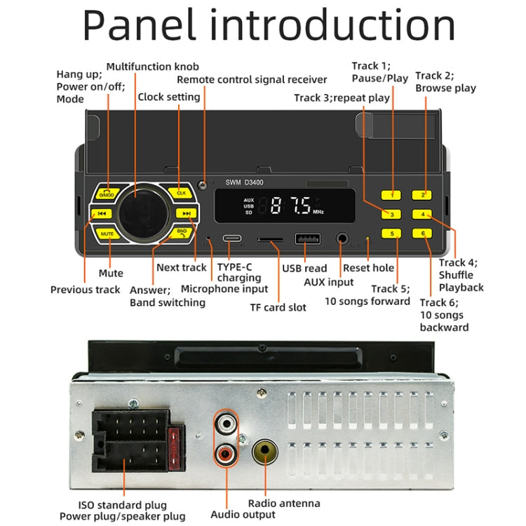 SWM D3400 Supporto per lettore MP3 Bluetooth per auto Assistente vocale intelligente / FM