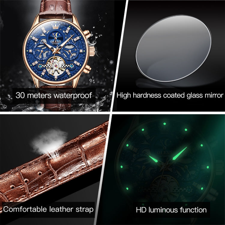 OLEVS 6658 Orologio meccanico da uomo con cinturino in pelle impermeabile luminoso