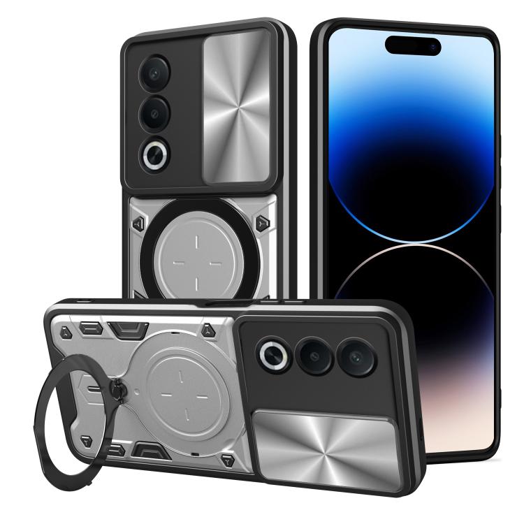 Custodia per telefono con supporto magnetico per camshield scorrevole con texture CD, For OPPO A3x 5G India / A3x 4G, For OPPO Reno12 F 5G Global, For OPPO A3 Pro 5G India, For OPPO Reno12 Pro 5G Global